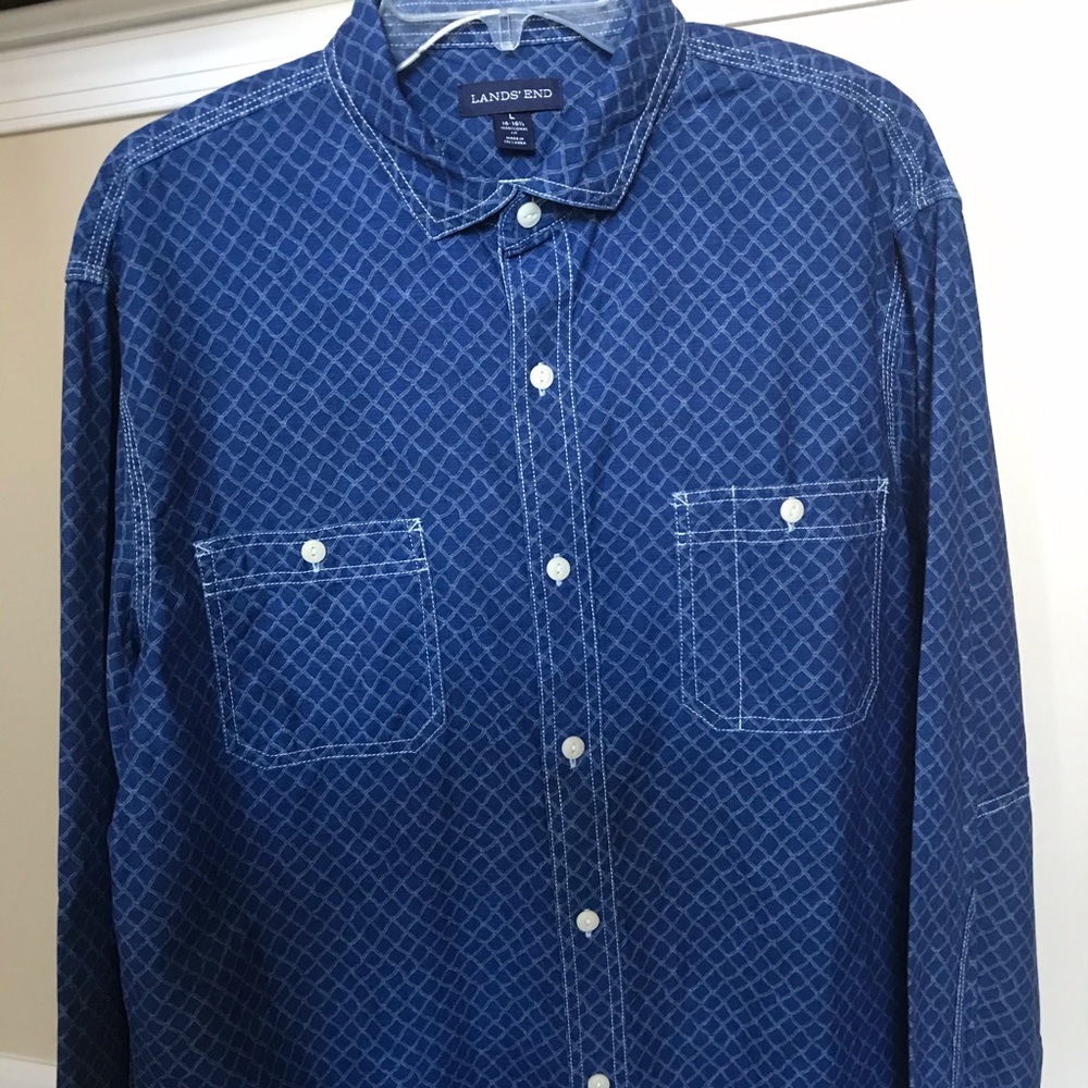 Lands’ End Large 16-16 1/2 Button Down Check Blue